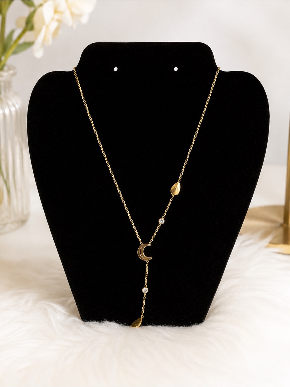 Gold Crescent Moon Y Necklace with Leaf Accents